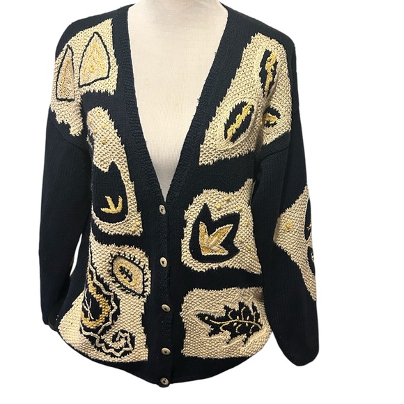 Segrets Sun Prints 80's Grandma Cardigan Geometric Hand Made Sweater Large - Picture 2 of 6